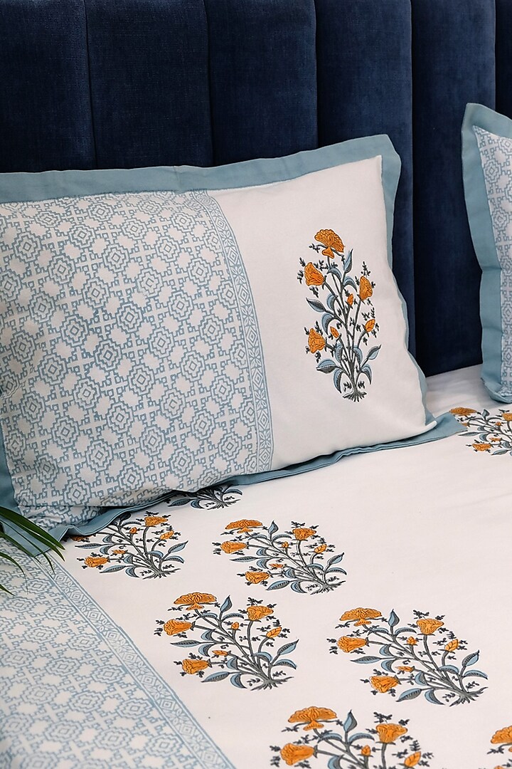 White & Yellow Floral Motif Cotton Hand Block Printed Bedsheet (Set of 3) by Design Gaatha