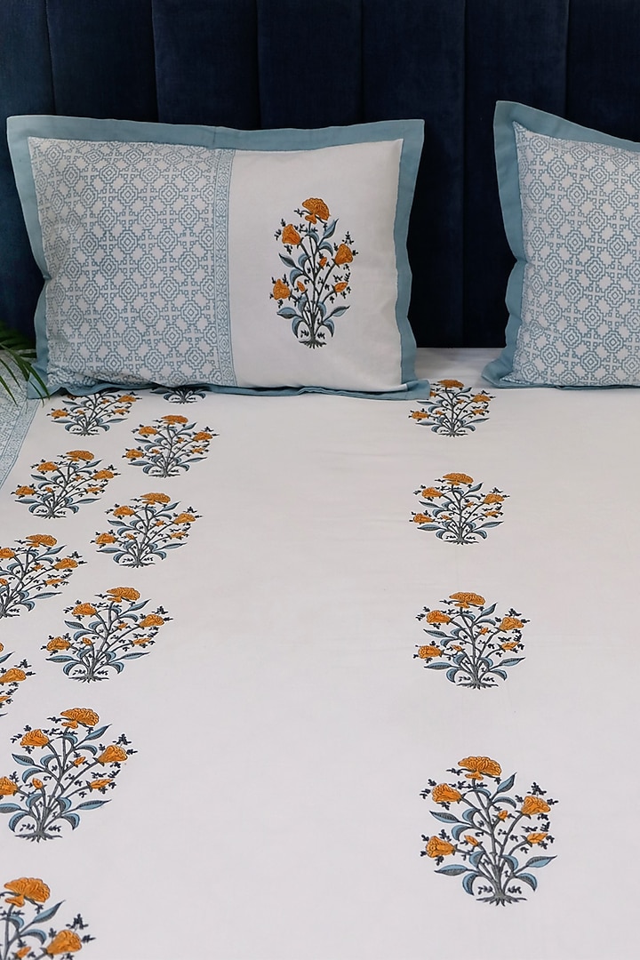 White & Yellow Floral Motif Cotton Hand Block Printed Bedsheet (Set of 3) by Design Gaatha at Pernia's Pop Up Shop