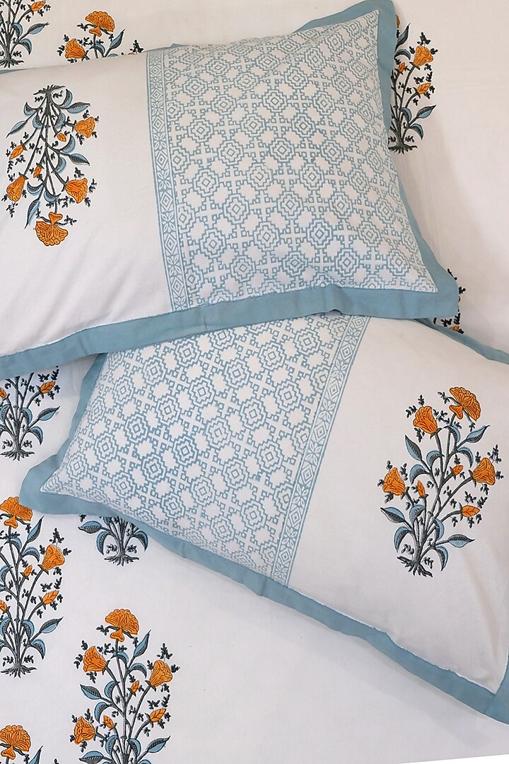 White & Yellow Floral Motif Cotton Hand Block Printed Bedsheet (Set of 3) by Design Gaatha at Pernia's Pop Up Shop