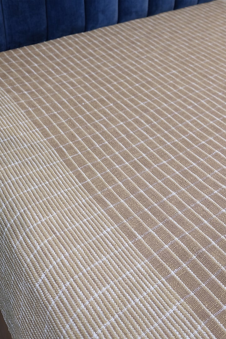 Beige Cotton Checks & Stripes Handloom Woven Bedcover by Design Gaatha