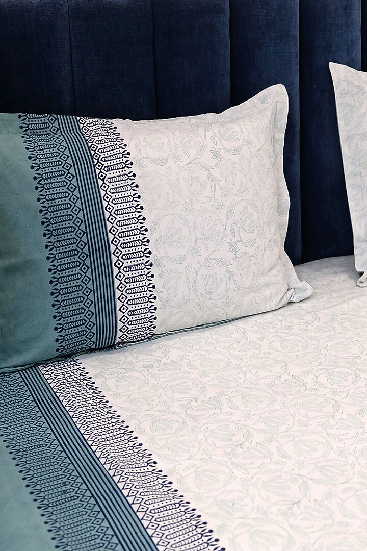 Off-White & Blue Cotton Duck Floral Printed Bedcover (Set Of 3) by Design Gaatha at Pernia's Pop Up Shop