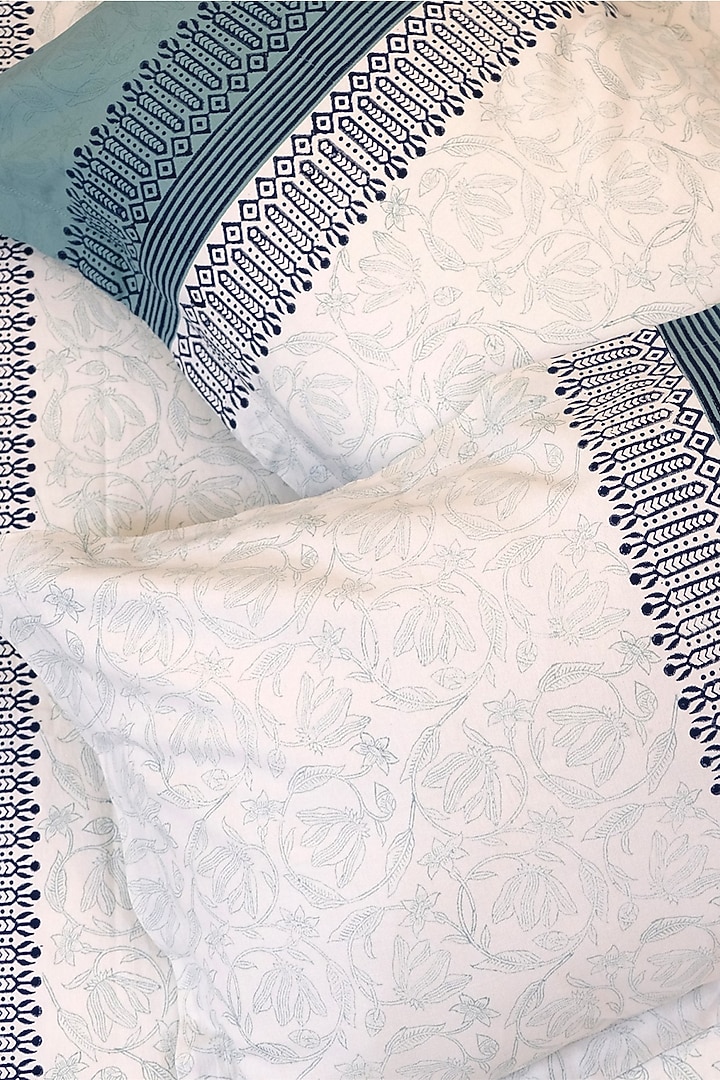Off-White & Blue Cotton Duck Floral Printed Bedcover (Set Of 3) by Design Gaatha at Pernia's Pop Up Shop