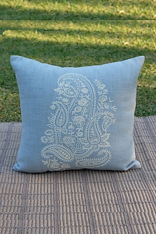 Off-White & Light Blue Cotton Paisley Embroidered Cushion Cover by Design Gaatha