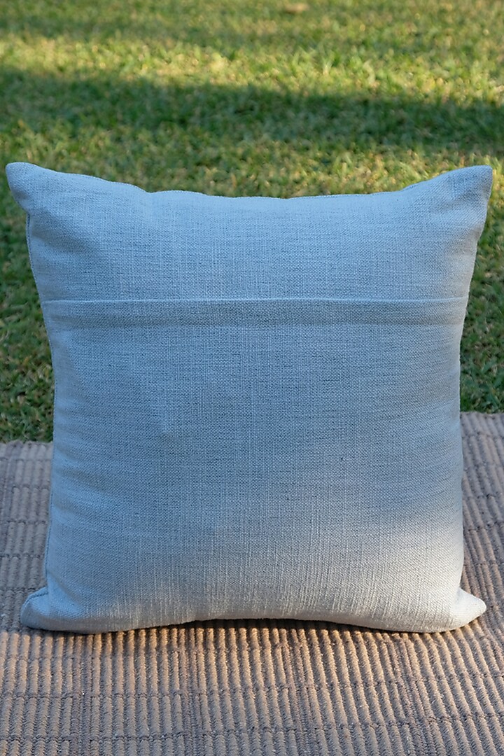 Off-White & Light Blue Cotton Paisley Embroidered Cushion Cover by Design Gaatha at Pernia's Pop Up Shop