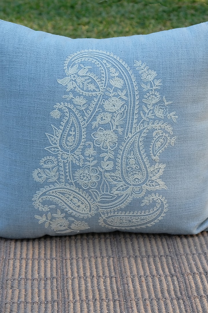 Off-White & Light Blue Cotton Paisley Embroidered Cushion Cover by Design Gaatha at Pernia's Pop Up Shop