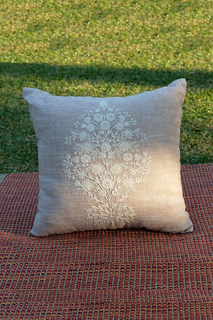 Beige & Off-White Cotton Dori Embroidered Cushion Cover by Design Gaatha at Pernia's Pop Up Shop