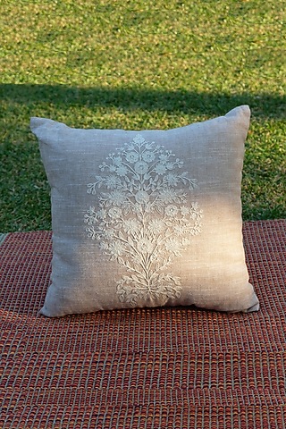 Beige & Off-White Cotton Dori Embroidered Cushion Cover by Design Gaatha