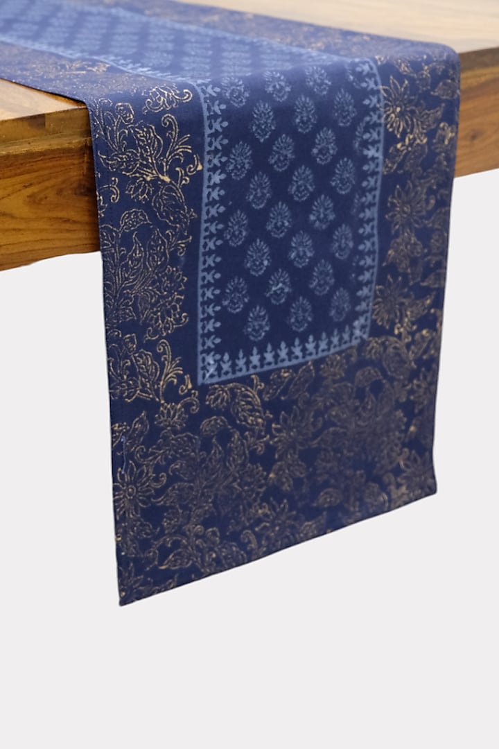 Navy Blue & Gold Cotton Hand Block Printed Table Runner by Design Gaatha