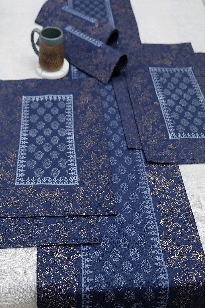 Navy Blue & Gold Cotton Hand Block Printed Table Runner by Design Gaatha at Pernia's Pop Up Shop