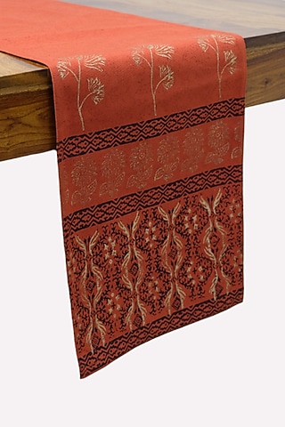 Burnt Orange & Gold Cotton Hand Block Printed Table Runner by Design Gaatha