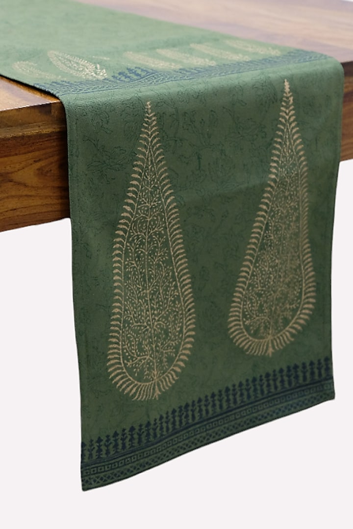 Olive Green & Gold Cotton Hand Block Printed Table Runner by Design Gaatha