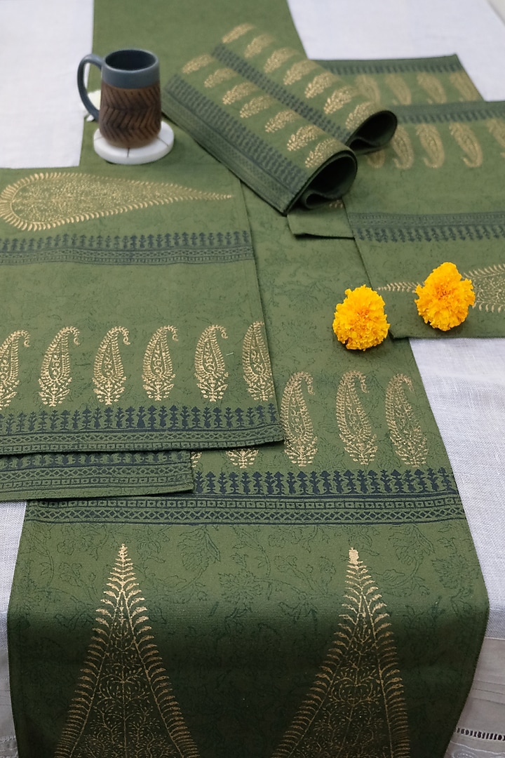Olive Green & Gold Cotton Hand Block Printed Table Runner by Design Gaatha at Pernia's Pop Up Shop