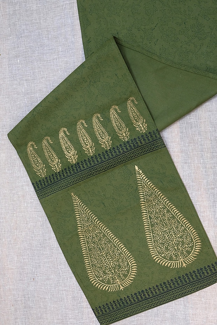 Olive Green & Gold Cotton Hand Block Printed Table Runner by Design Gaatha at Pernia's Pop Up Shop