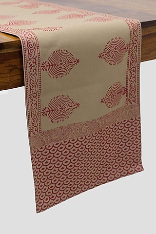Beige & Maroon Cotton Hand Block Printed Table Runner by Design Gaatha