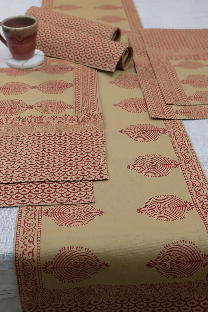 Beige & Maroon Cotton Hand Block Printed Table Runner by Design Gaatha at Pernia's Pop Up Shop