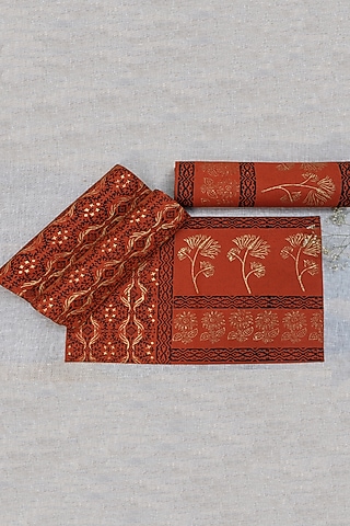 Burnt Orange & Gold Cotton Hand Block Printed Table Mat (Set Of 4) by Design Gaatha