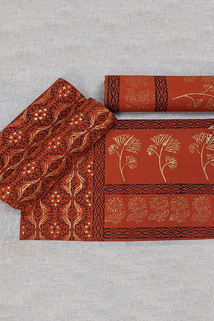 Burnt Orange & Gold Cotton Hand Block Printed Table Mat (Set Of 4) by Design Gaatha at Pernia's Pop Up Shop