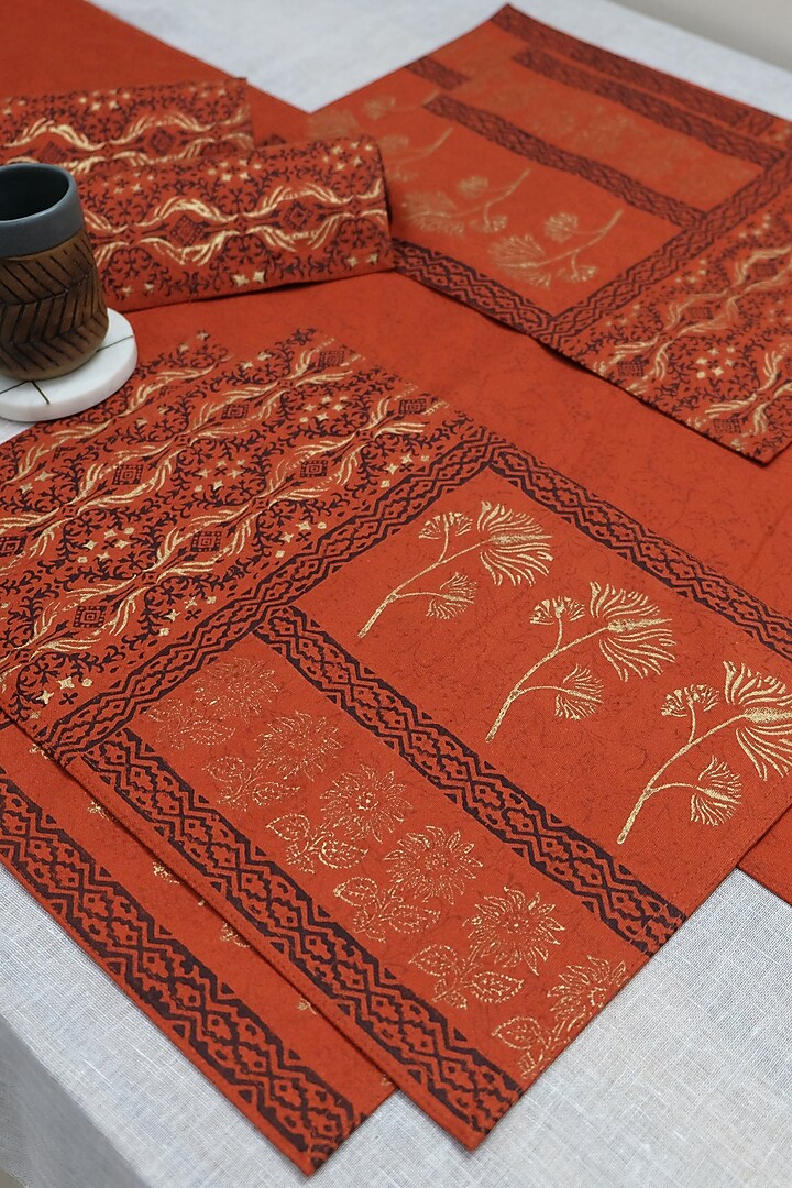 Burnt Orange & Gold Cotton Hand Block Printed Table Mat (Set Of 4) by Design Gaatha at Pernia's Pop Up Shop