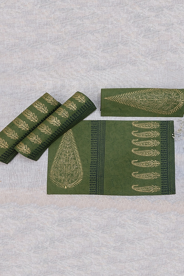 Olive Green & Gold Cotton Hand Block Printed Table Mat (Set Of 4) by Design Gaatha