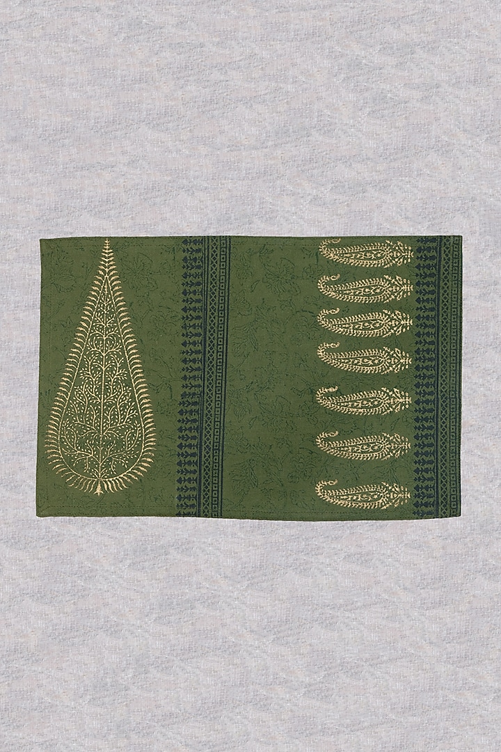 Olive Green & Gold Cotton Hand Block Printed Table Mat (Set Of 4) by Design Gaatha at Pernia's Pop Up Shop