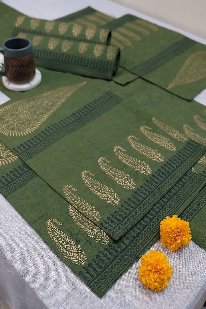 Olive Green & Gold Cotton Hand Block Printed Table Mat (Set Of 4) by Design Gaatha at Pernia's Pop Up Shop
