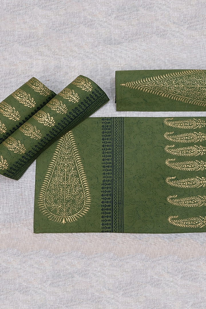 Olive Green & Gold Cotton Hand Block Printed Table Mat (Set Of 4) by Design Gaatha at Pernia's Pop Up Shop