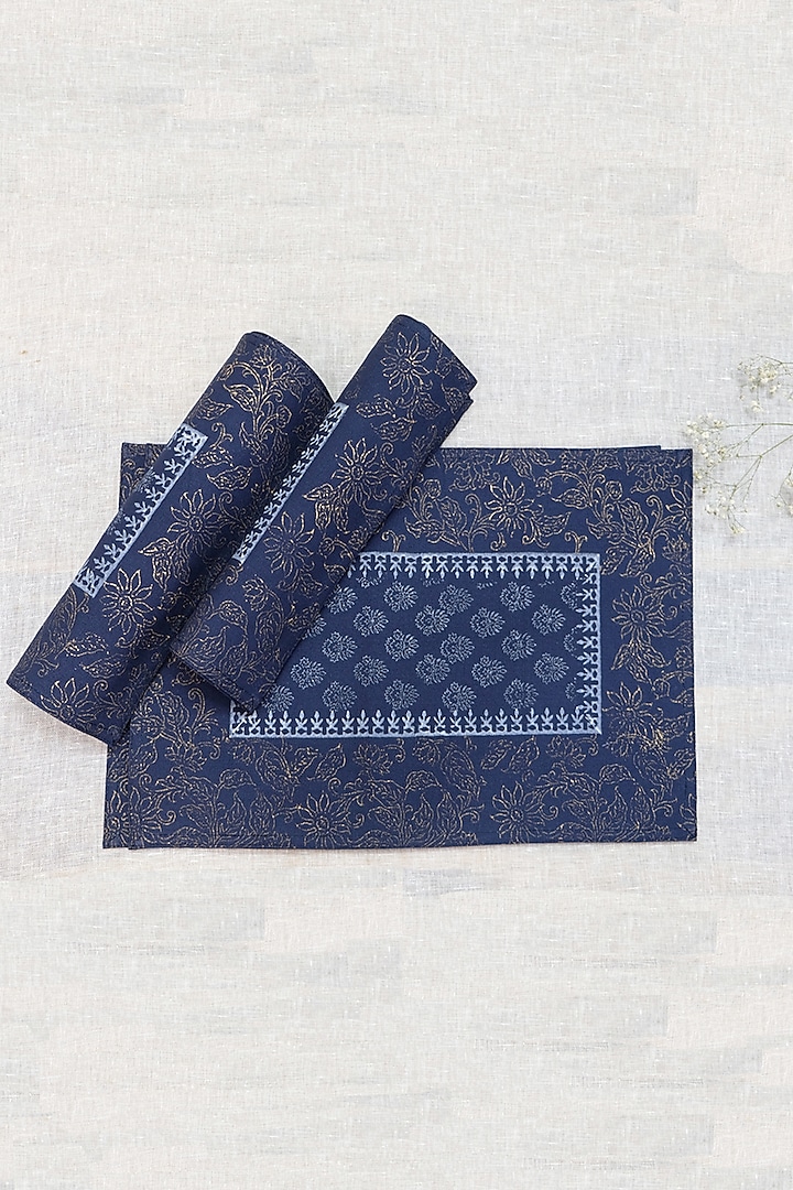 Navy Blue & Gold Cotton Hand Block Printed Table Mat (Set Of 4) by Design Gaatha