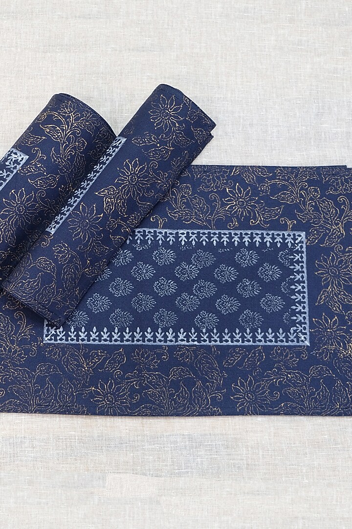 Navy Blue & Gold Cotton Hand Block Printed Table Mat (Set Of 4) by Design Gaatha at Pernia's Pop Up Shop