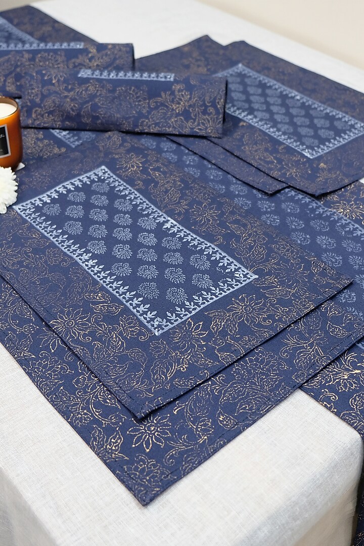 Navy Blue & Gold Cotton Hand Block Printed Table Mat (Set Of 4) by Design Gaatha at Pernia's Pop Up Shop