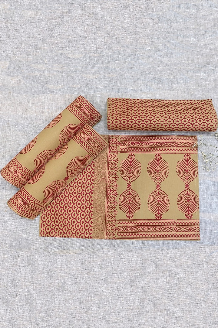 Beige & Maroon Cotton Canvas Hand Block Printed Table Mat (Set Of 4) by Design Gaatha