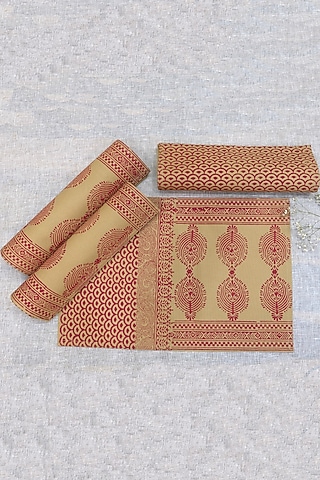 Beige & Maroon Cotton Canvas Hand Block Printed Table Mat (Set Of 4) by Design Gaatha