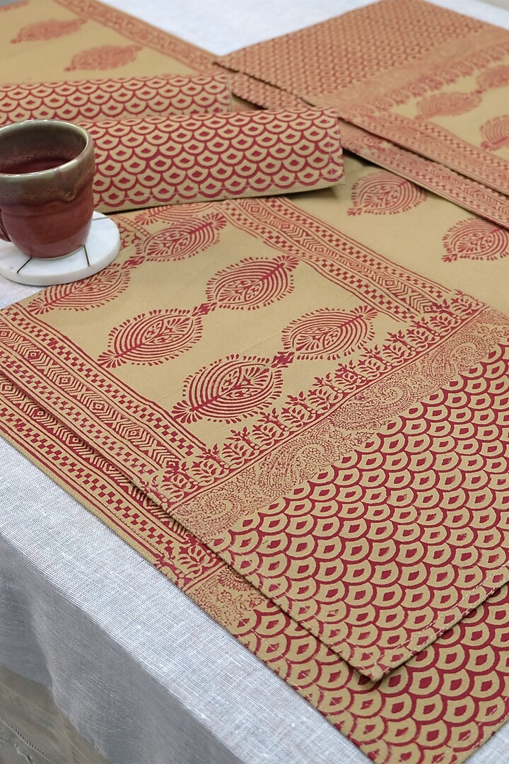 Beige & Maroon Cotton Canvas Hand Block Printed Table Mat (Set Of 4) by Design Gaatha at Pernia's Pop Up Shop