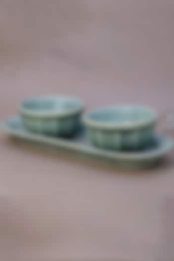 Green Ceramic Platter With Bowls (Set Of 3) by Design Gaatha