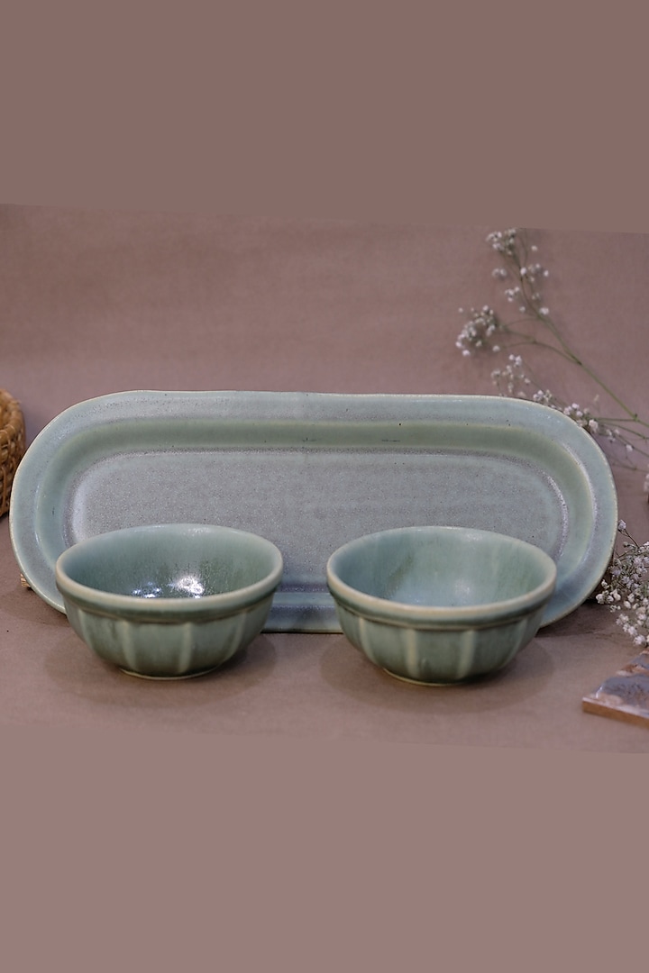 Green Ceramic Platter With Bowls (Set Of 3) by Design Gaatha at Pernia's Pop Up Shop