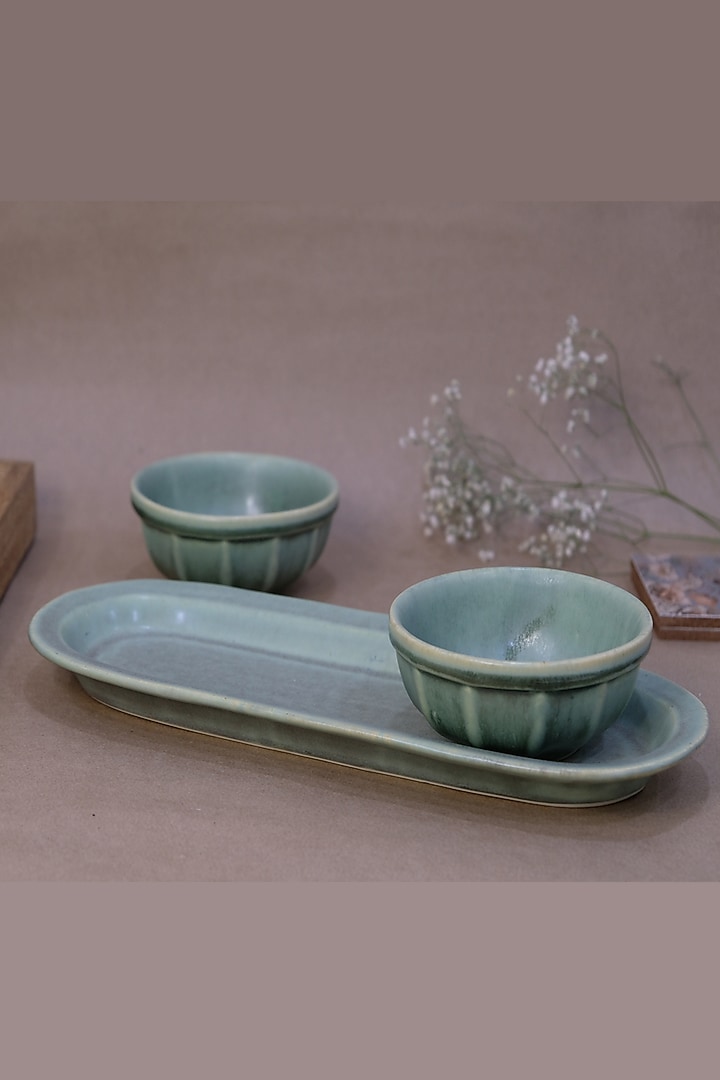 Green Ceramic Platter With Bowls (Set Of 3) by Design Gaatha at Pernia's Pop Up Shop