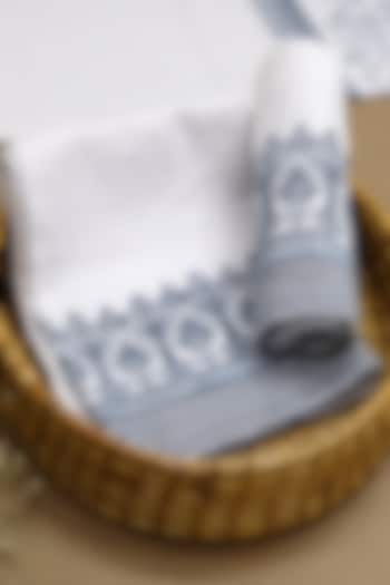 White & Indigo Cotton Stripes Hand Block Printed Hand Towel (Set Of 4) by Design Gaatha