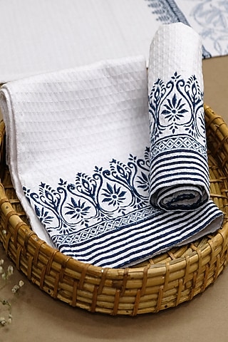 White & Indigo Cotton Stripes Hand Block Printed Hand Towel (Set Of 4) by Design Gaatha