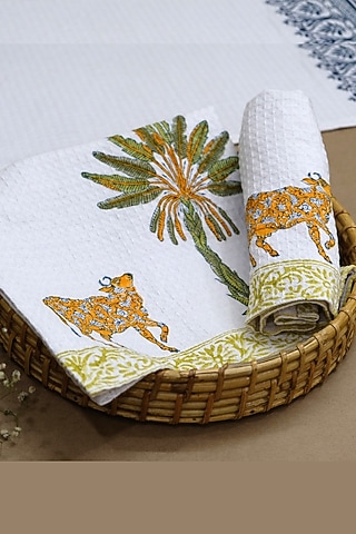 White & Green Cotton Palm Hand Block Printed Hand Towel (Set Of 4) by Design Gaatha
