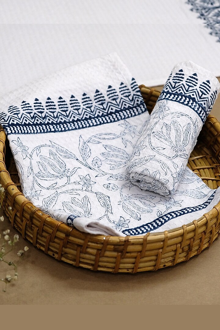 White & Indigo Cotton Stripes Hand Block Printed Hand Towel (Set Of 4) by Design Gaatha