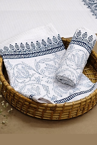 White & Indigo Cotton Stripes Hand Block Printed Hand Towel (Set Of 4) by Design Gaatha