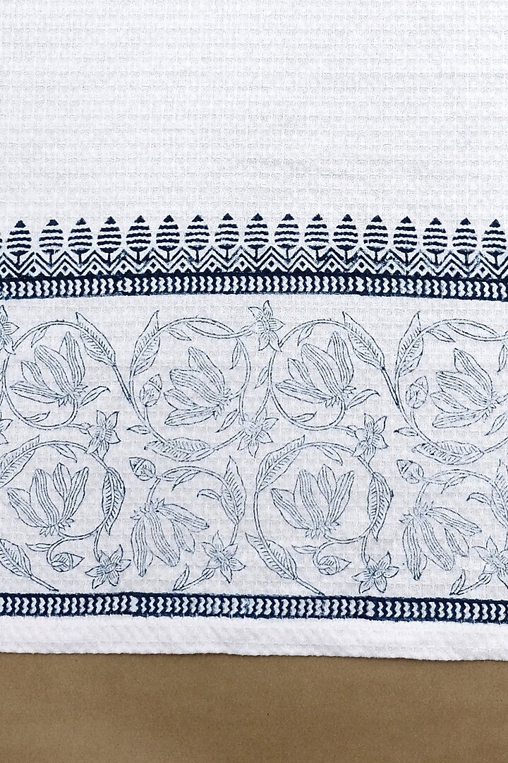 White & Indigo Cotton Stripes Hand Block Printed Hand Towel (Set Of 4) by Design Gaatha at Pernia's Pop Up Shop