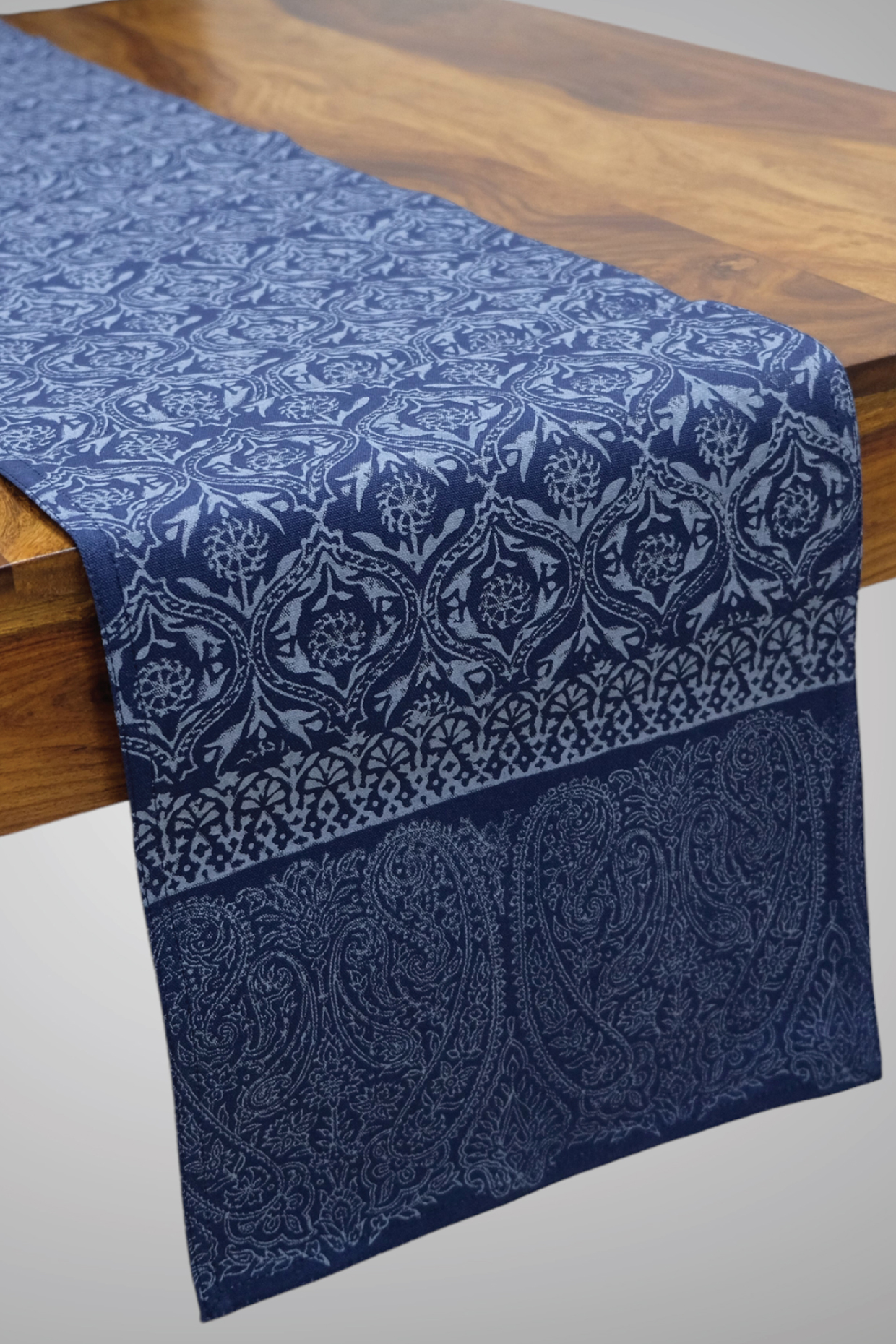 Navy & Grey Cotton Canvas Paisley Printed Table Runner by Design Gaatha