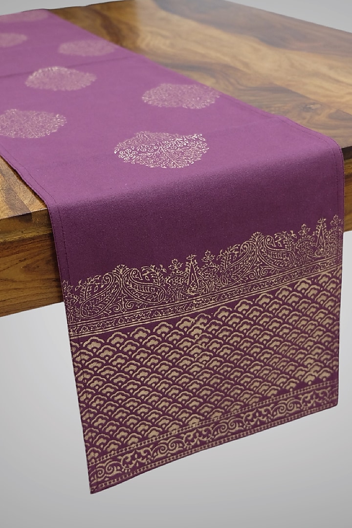 Purple & Golden Cotton Canvas Hand Block Printed Table Runner by Design Gaatha