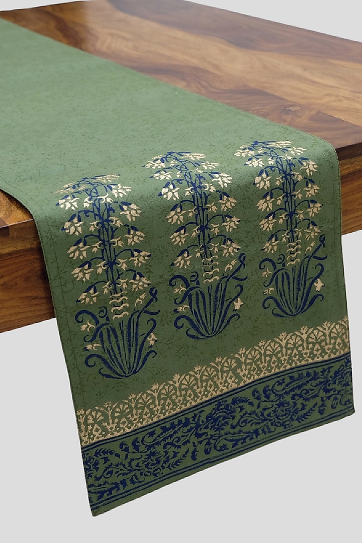 Olive Green Cotton Canvas Floral Printed Table Runner by Design Gaatha