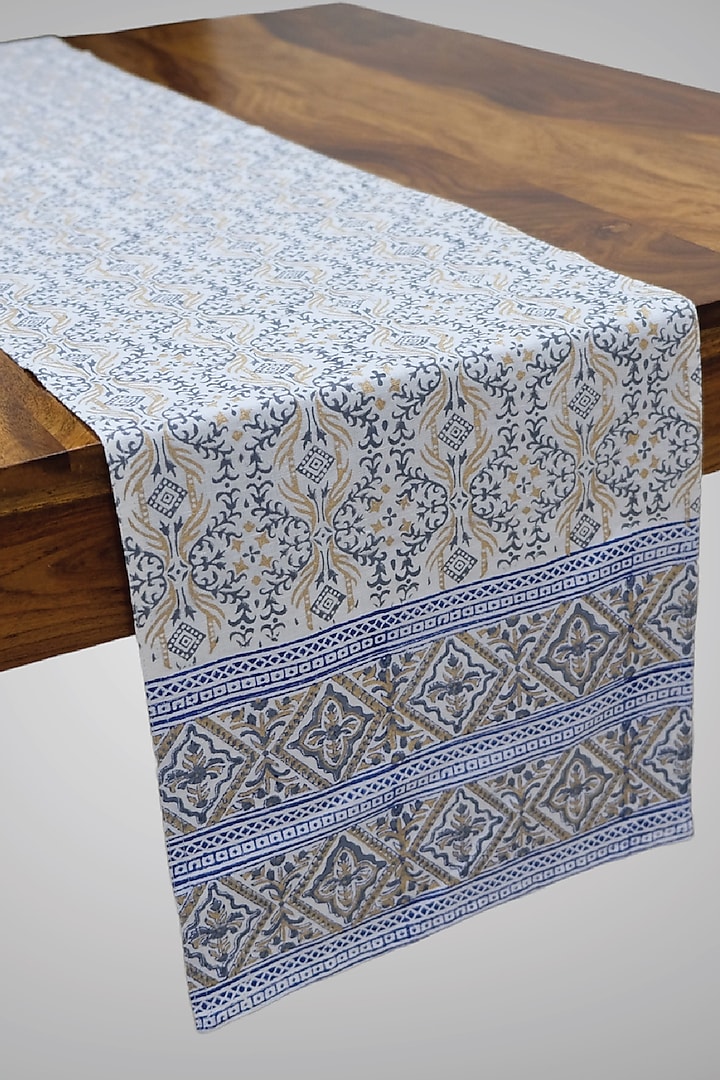 Cream Grey Cotton Linen Printed Table Runner by Design Gaatha