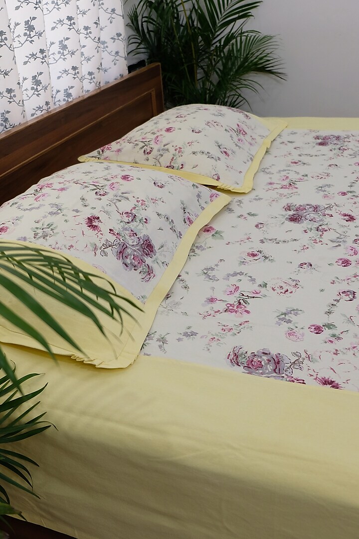 Yellow Cotton Floral Printed Bed Cover Set by Design Gaatha