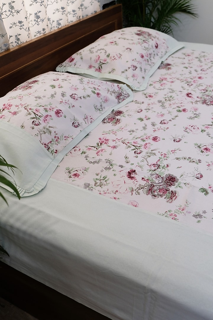 Pink & Mint Cotton Floral Printed Bed Cover Set by Design Gaatha