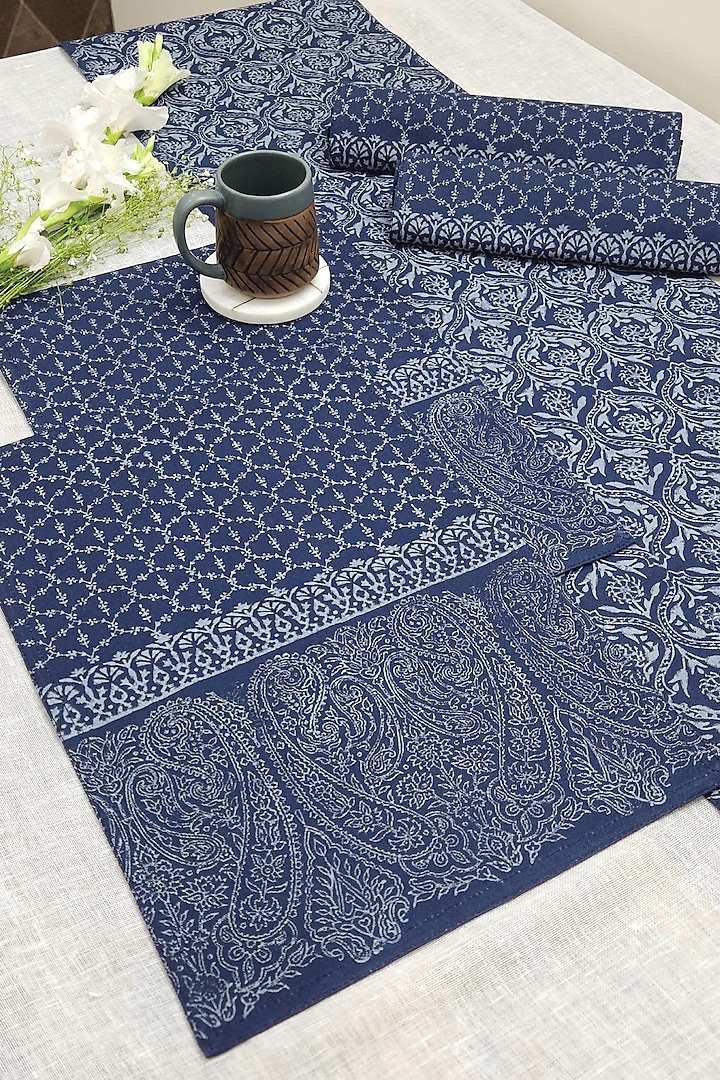 Navy Blue & Grey Cotton Canvas Printed Table Mats with Table Runner by Design Gaatha