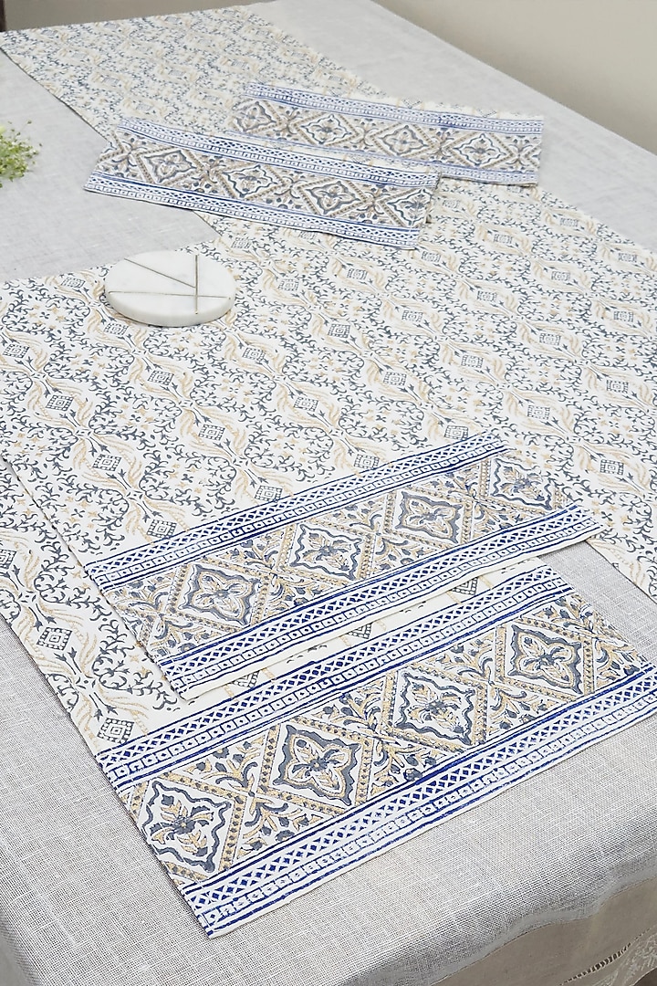 Cream Cotton Linen Printed Table Mats With Table Runner by Design Gaatha