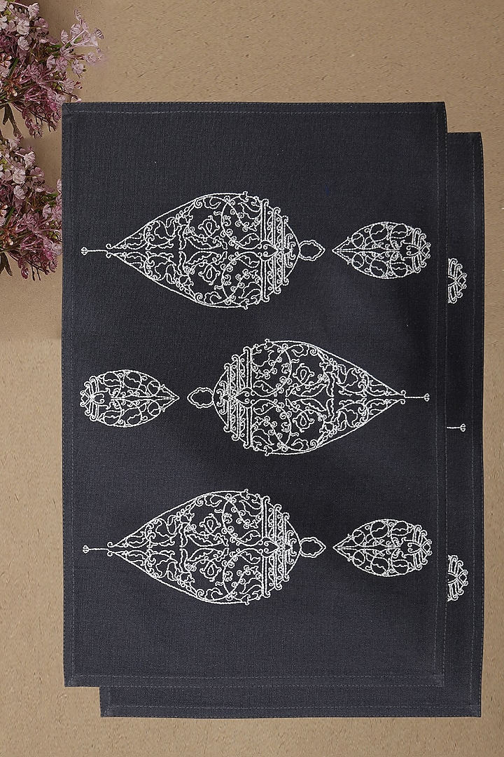 Dark Grey Dew Drop Embroidered Cotton Table Mat (Set of 2) by Design Gaatha at Pernia's Pop Up Shop